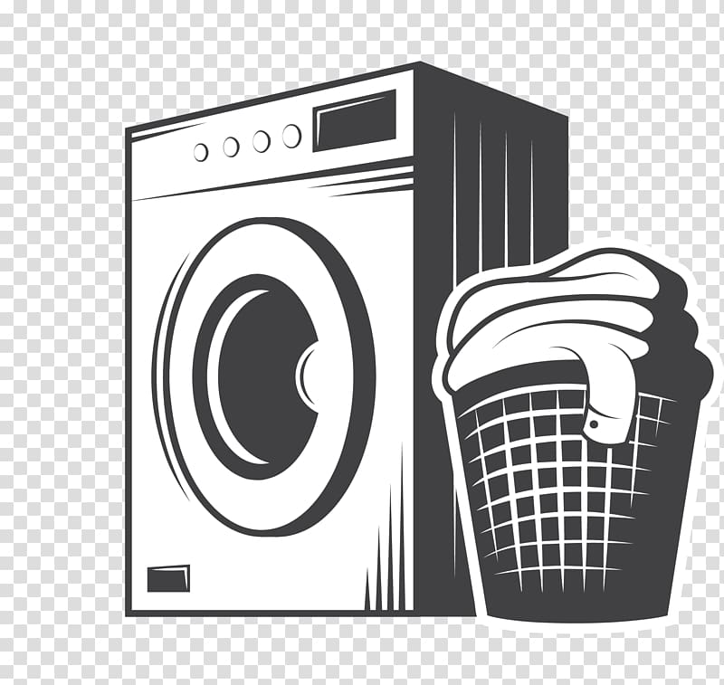 Front-loading washing machine next to a laundry basket filled with clothes, monochrome illustration.