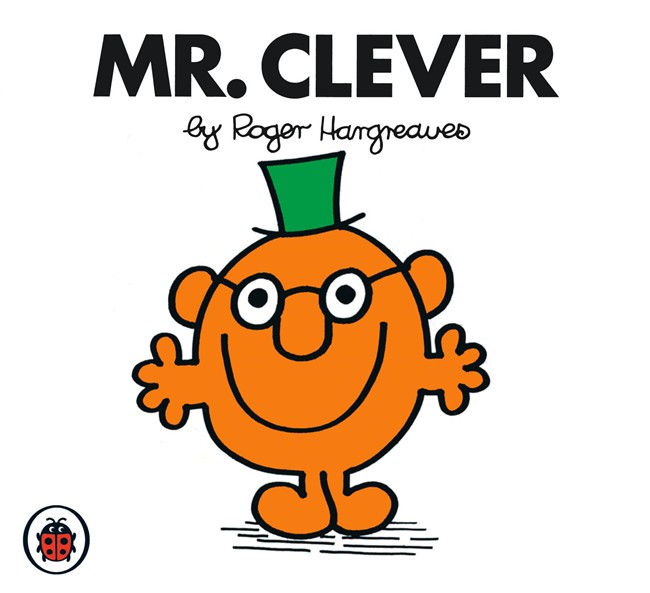 Mr. Clever, an orange round character with glasses, a green top hat, and raised arms, from Roger Hargreaves’ Mr. Men series.