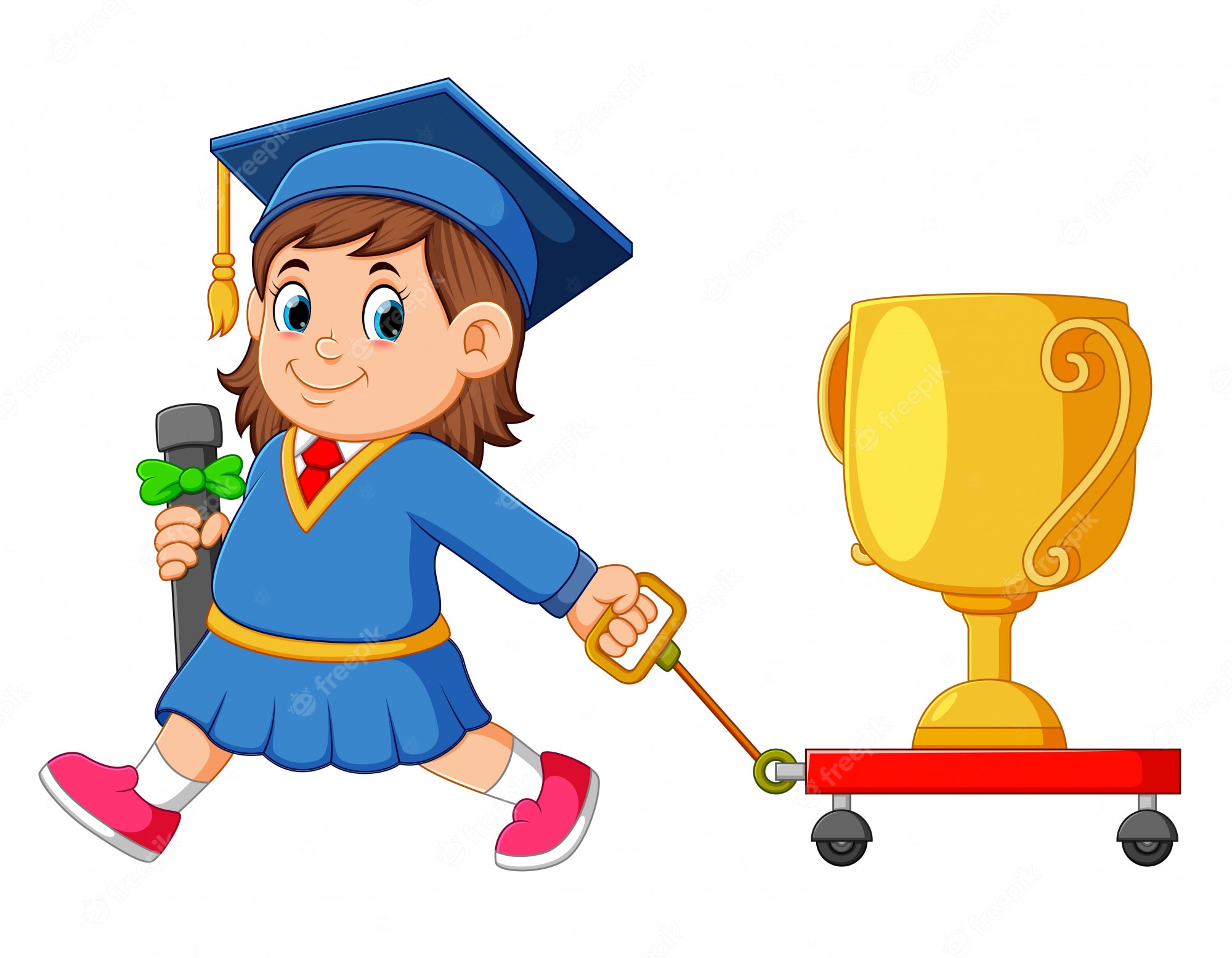 A smiling girl in a blue graduation gown and cap pulls a golden trophy on a red wheeled cart while holding a diploma.