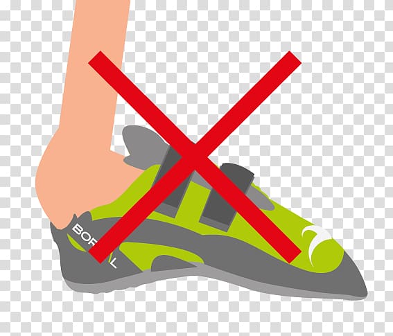 A foot wearing a green and gray climbing shoe with a red X over it, indicating improper fit or use.