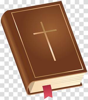 Brown leather-bound Bible with gold cross emblem and red ribbon bookmark on transparent background.