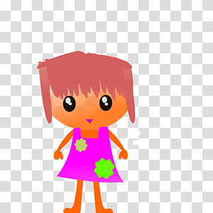 Cartoon girl with pink hair and purple dress with green spots, standing on transparent background.