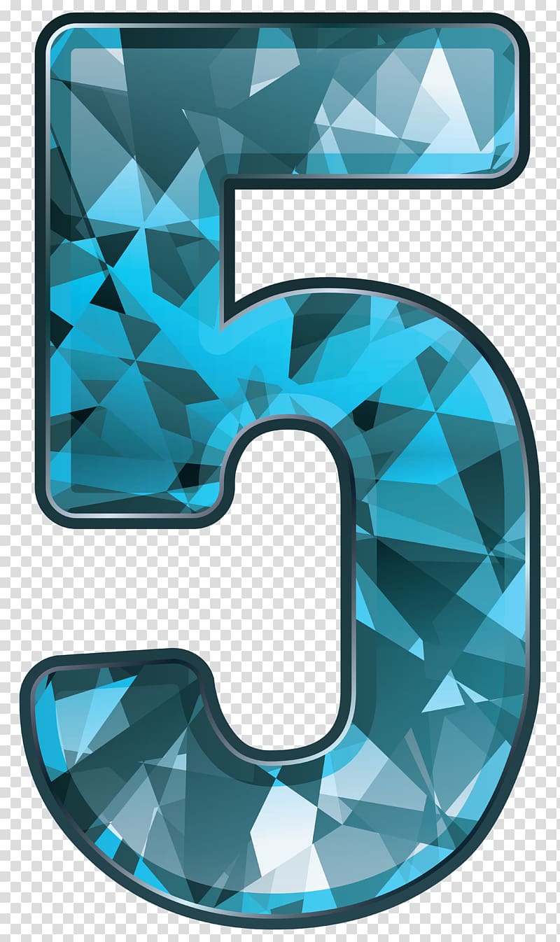 Blue crystalline number 5 with faceted gemstone texture and dark outline on transparent background.
