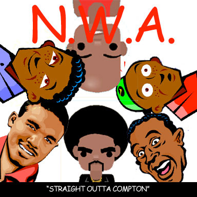 N.W.A. "Straight Outta Compton" album art with cartoon-style member portraits and bold red text.