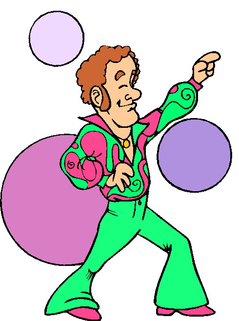 Groovy 1970s-style man in colorful flared outfit juggling purple spheres with joyful expression.