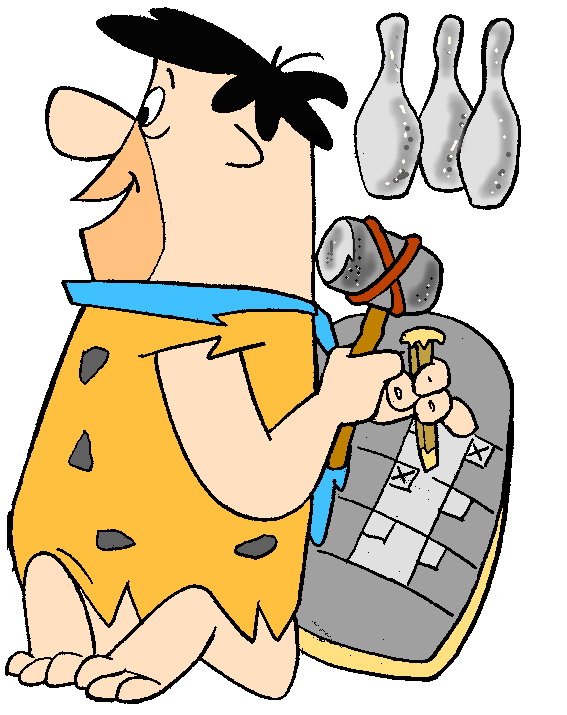 Fred Flintstone playing stone-age bowling with a club and stone ball, three pins in background.