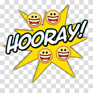 Yellow starburst with four smiling emoji faces and bold "HOORAY!" text, conveying celebration and joy.