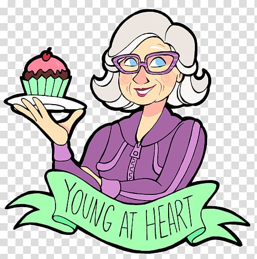 Cheerful elderly woman with purple glasses holding a cupcake, banner reads "Young at Heart"