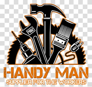Handy Man logo featuring tools like hammer, wrench, drill, paintbrush, and saw in black and orange on transparent background.