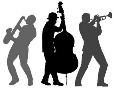 Silhouettes of three jazz musicians playing saxophone, double bass, and trumpet.