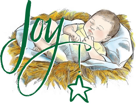 A serene baby sleeping in a straw-filled manger, with the word "Joy" in green script and a star hanging below.