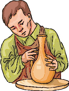 A potter shaping a clay vase on a spinning wheel, wearing an apron and focused expression.