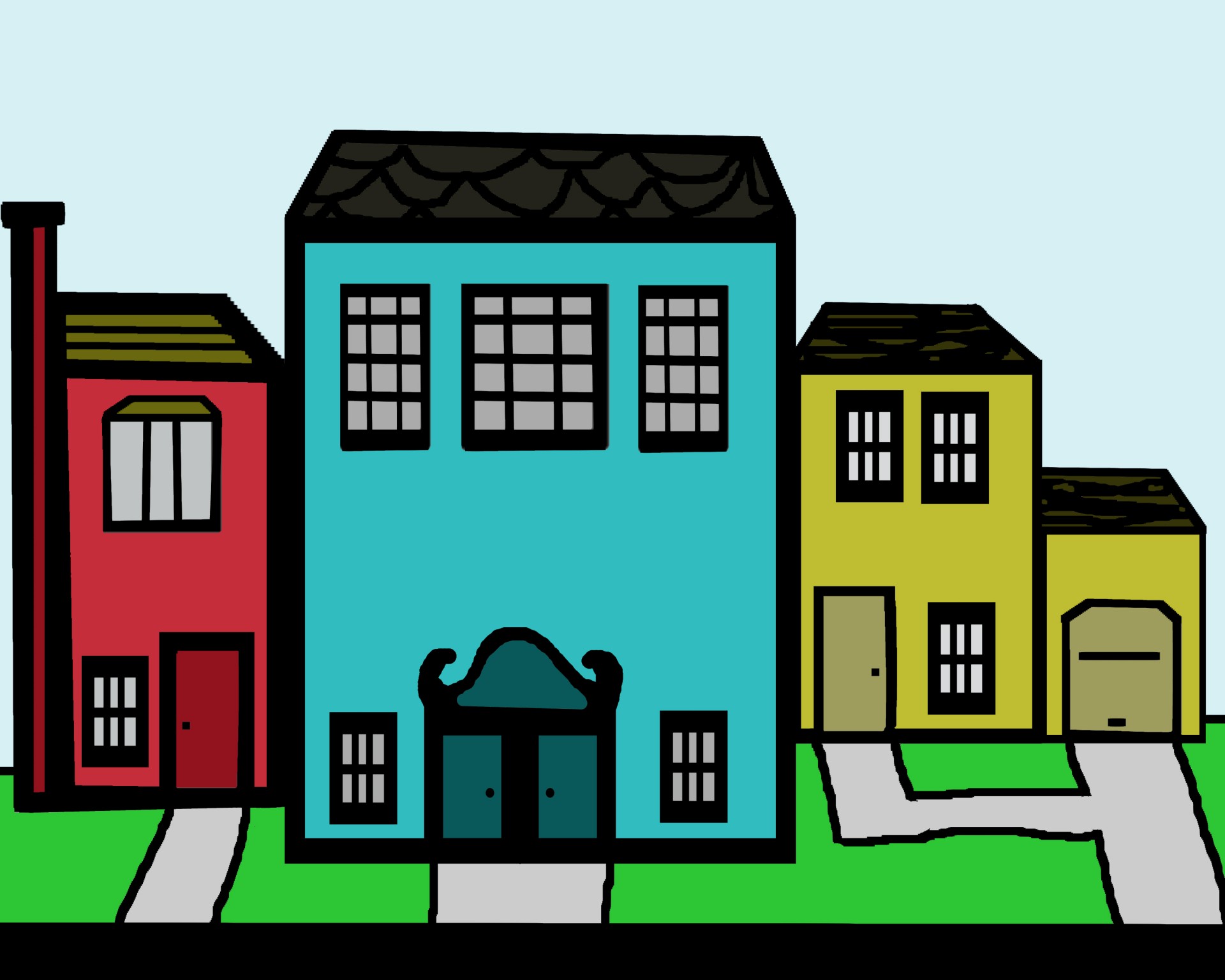 Vibrant Neighborhood Illustration - Friendly Row Houses for Web & Educational Use