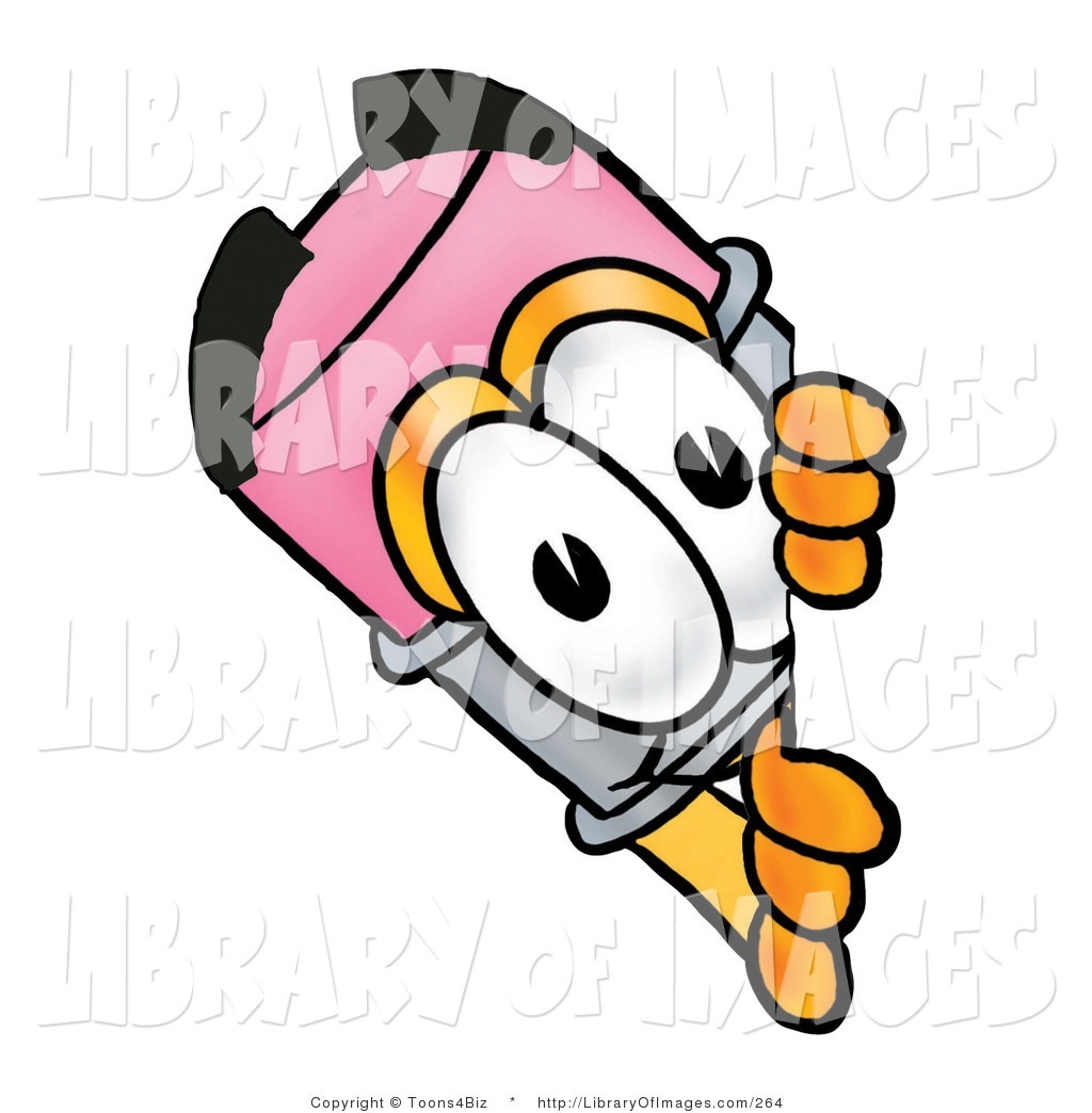 Cartoon robot with pink helmet and orange gloves giving a thumbs-up gesture.