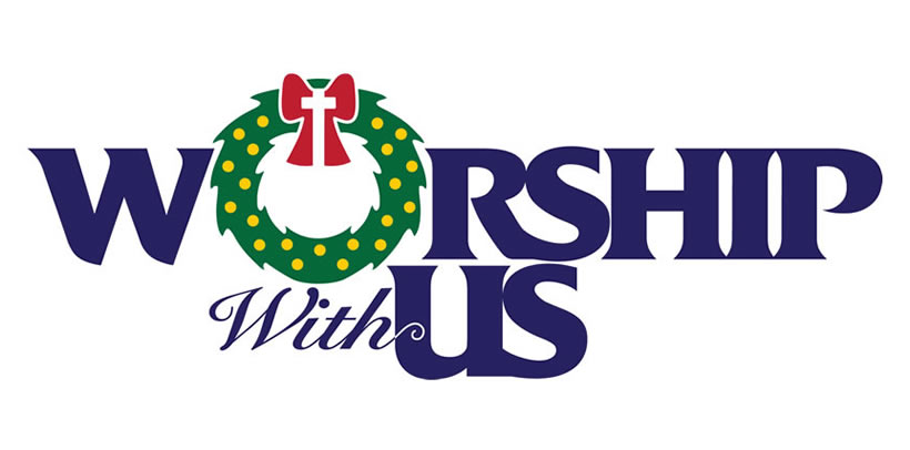 "Worship With Us" logo featuring a green wreath with yellow dots, red bow, and white cross, overlaid on bold navy text.