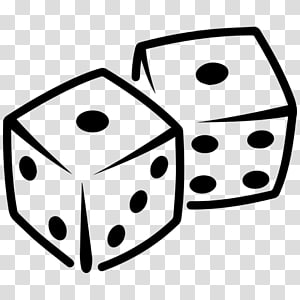 Two hand-drawn black-and-white dice showing 1 and 6, tilted on a transparent background.