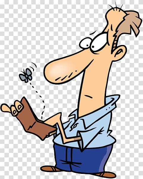 Cartoon man with long nose, wide eyes, and raised boot as a butterfly flies away.