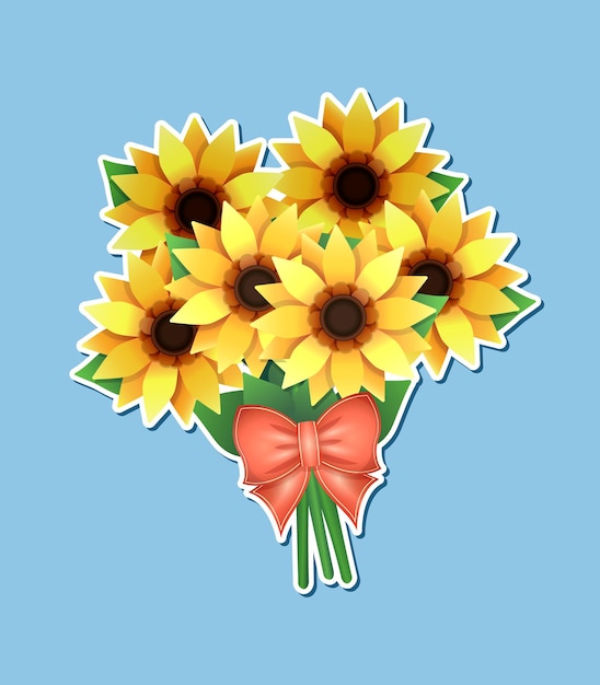 Bright yellow sunflower bouquet with green leaves and a coral bow, set against a light blue background.