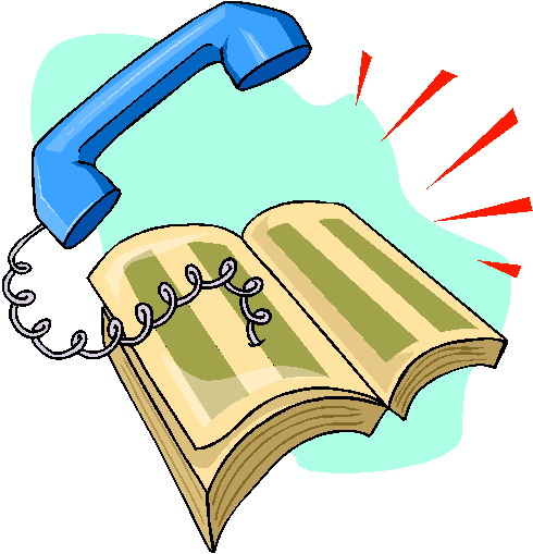 Blue telephone handset resting on an open striped book with red exclamation rays indicating a call or alert.