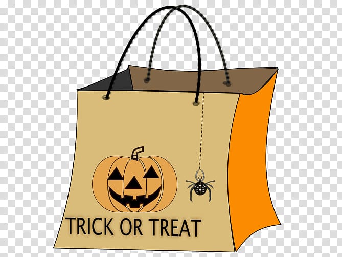Halloween trick-or-treat bag with jack-o'-lantern and spider design on beige paper with orange side panel.