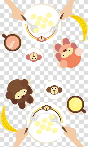 Top-down view of hands serving monkey-themed snacks-bananas, cookies, and cups-with cute cartoon monkeys on a checkered background.
