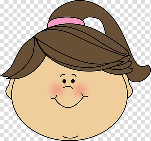 Cartoon girl with brown ponytail, pink hair tie, rosy cheeks, and smiling face on transparent background.