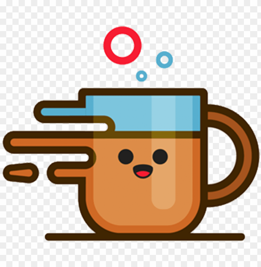 Smiling cartoon coffee mug with steam bubbles and motion lines, suggesting speed and warmth.