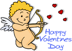 Cheerful cartoon Cupid with bow and arrow, shooting hearts; "Happy Valentine's Day" text beside him.