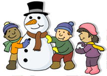 Three diverse children joyfully building a snowman with scarf, hat, and carrot nose in a winter scene.