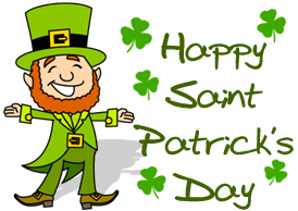 Cheerful leprechaun in green outfit with shamrocks and "Happy Saint Patrick's Day" text.