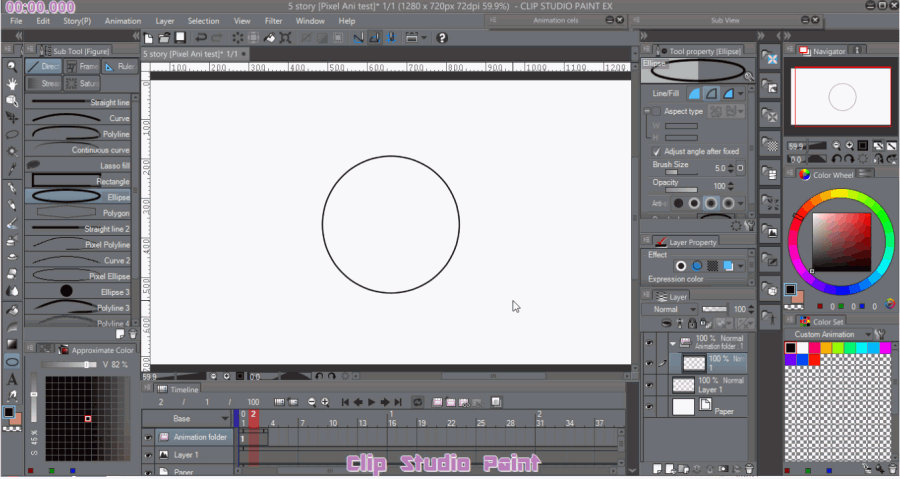 Clip Studio Paint interface showing a blank canvas with a drawn circle, timeline, layers, and tool panels visible.