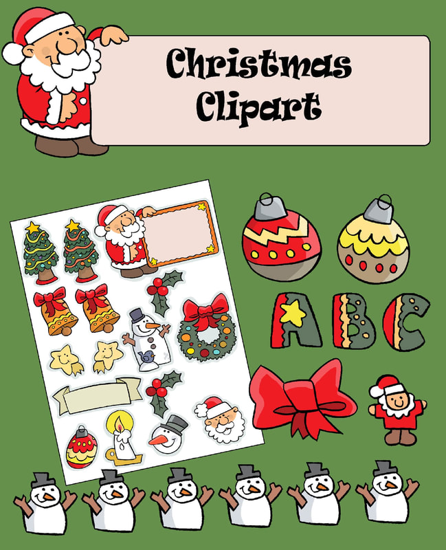 Festive Christmas clipart collection featuring Santa, snowmen, ornaments, wreaths, and holiday symbols on green background.