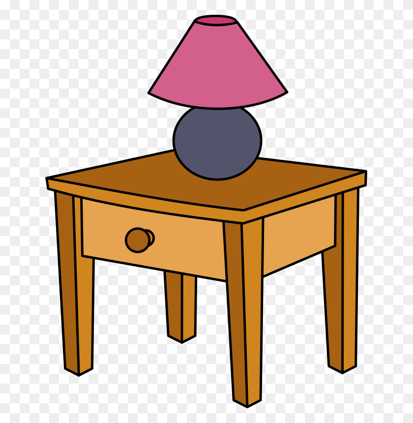Wooden nightstand with single drawer and pink-shaded table lamp on top.