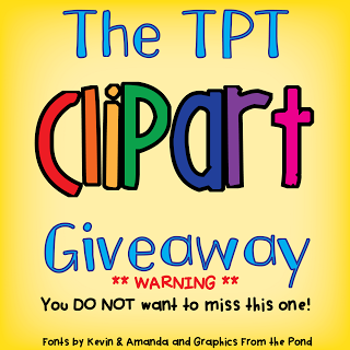 Colorful promotional graphic for "The TPT Clipart Giveaway" with warning text and credit to creators.