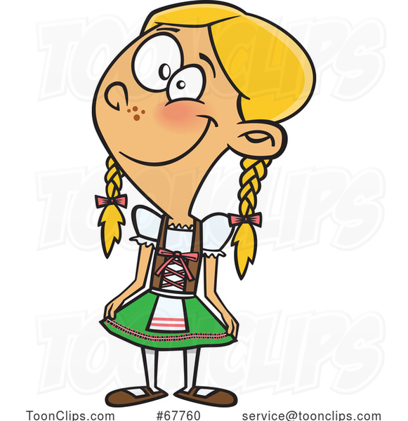 Cartoon girl in traditional Bavarian dirndl with blonde braids and cheerful expression.