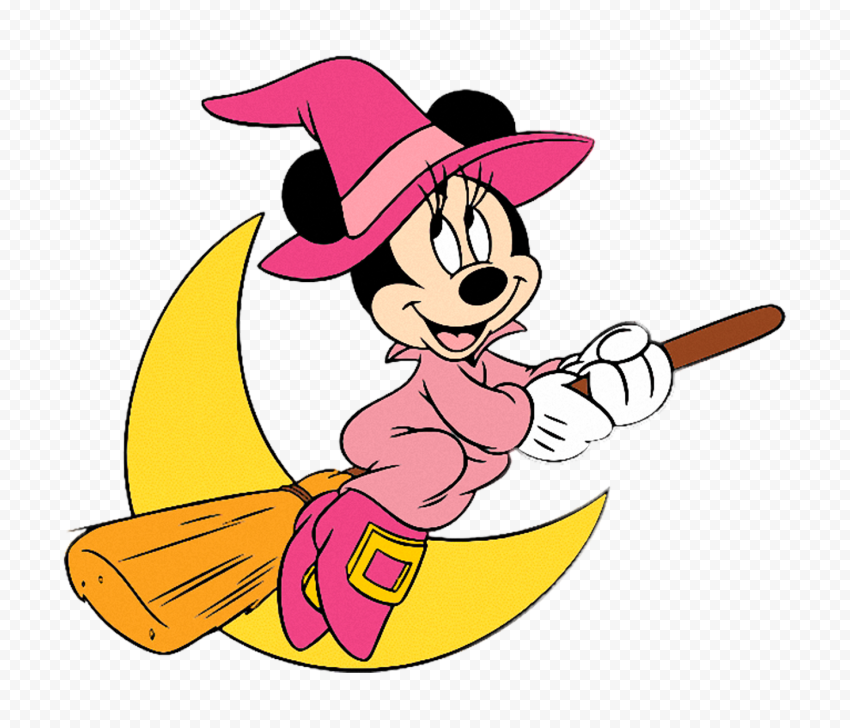 Minnie Mouse dressed as a witch in pink, flying on a broomstick over a yellow crescent moon.