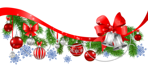 Festive Christmas garland with red ribbon, silver bells, ornaments, pine branches, and snowflakes on black background.
