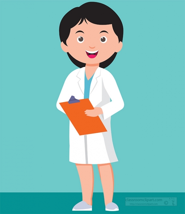 Smiling female doctor in white lab coat holding an orange clipboard against teal background.