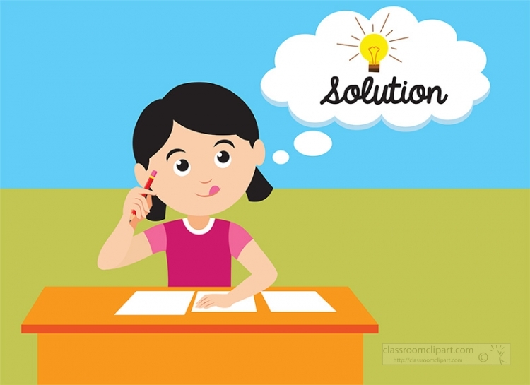 A girl sits at a desk thinking, with a thought bubble showing a lightbulb and the word "Solution".