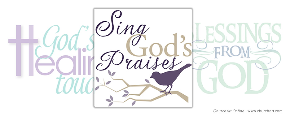 Purple bird perched on branch with "Sing God's Praises" text and decorative cross and leaf motifs.