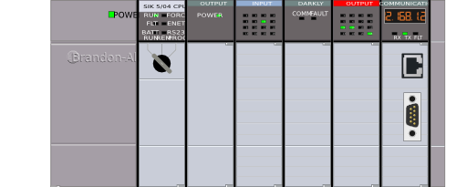 Brandon-A SIK 5/04 CPU module interface with power, I/O, communication, and diagnostics indicators lit.