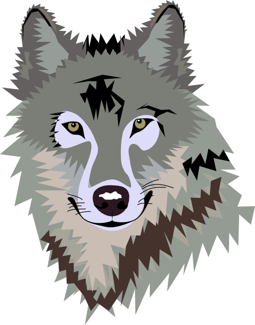 Stylized vector illustration of a gray wolf’s face with sharp geometric fur patterns and intense yellow eyes.