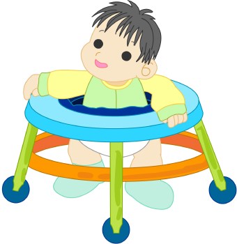 Smiling baby in a colorful baby walker with blue seat, green legs, and orange base wheels.