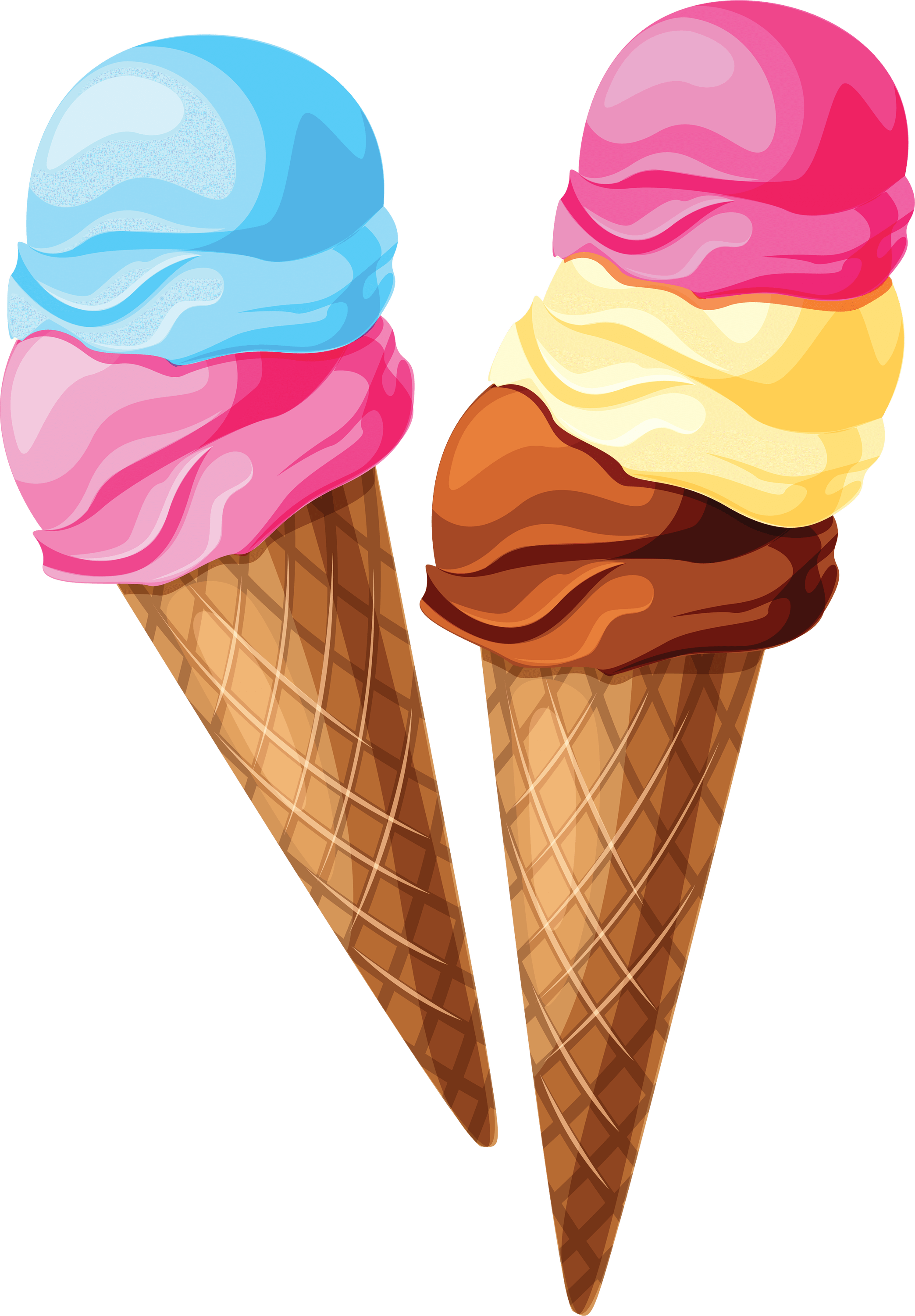Two colorful ice cream cones with swirls of pink, blue, yellow, and chocolate scoops in waffle cones.
