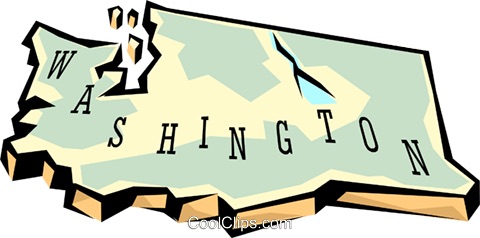 Cartoon-style 3D map of Washington state with "WASHINGTON" text and a hiker silhouette on the Olympic Peninsula.