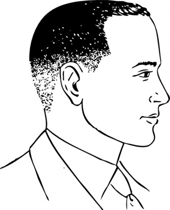 Black-and-white line drawing of a man’s profile showing a fade haircut, collared shirt, and clean-shaven face.