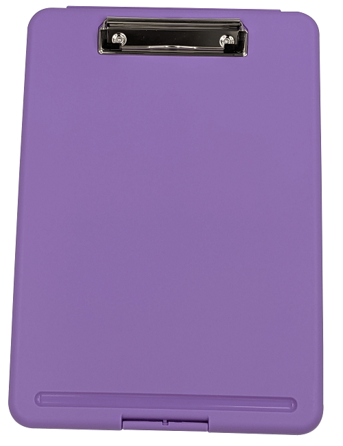 Purple plastic clipboard with silver metal clip and paper holder slot.