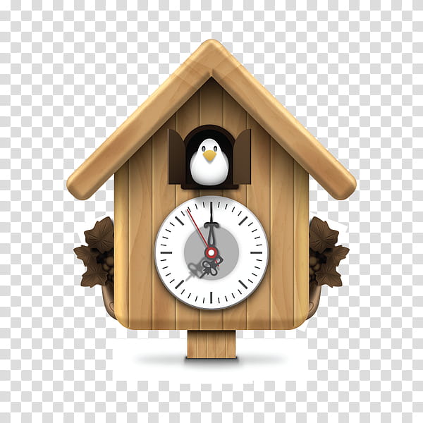Wooden cuckoo clock with a penguin peeking from the door, analog face, and leafy side decorations.