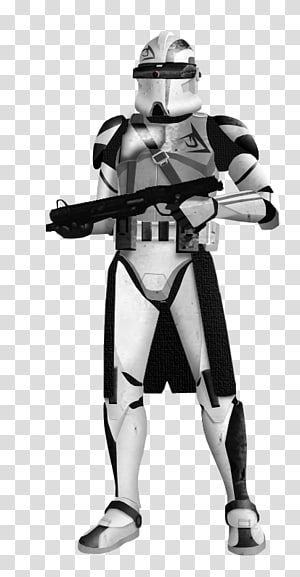 A white-armored Clone Trooper from Star Wars, holding a blaster rifle with black-and-gray markings and helmet visor.