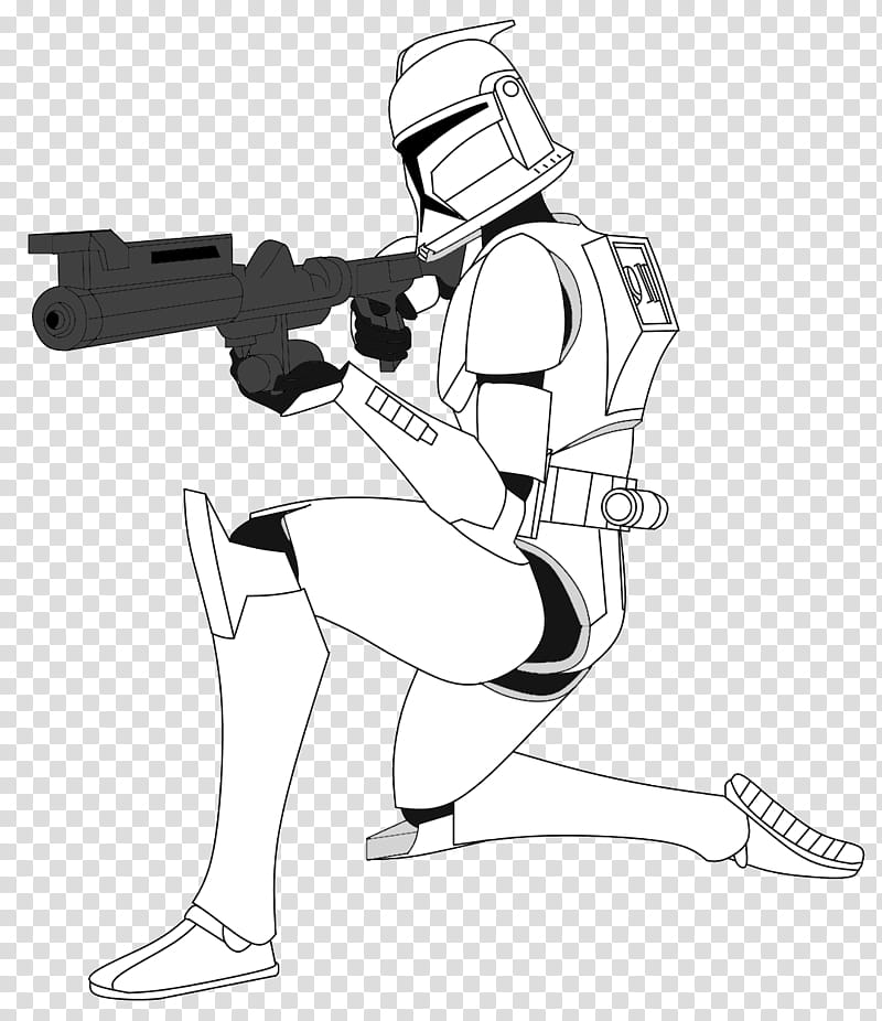 Star Wars clone trooper in combat stance, holding blaster rifle, line art illustration on transparent background.